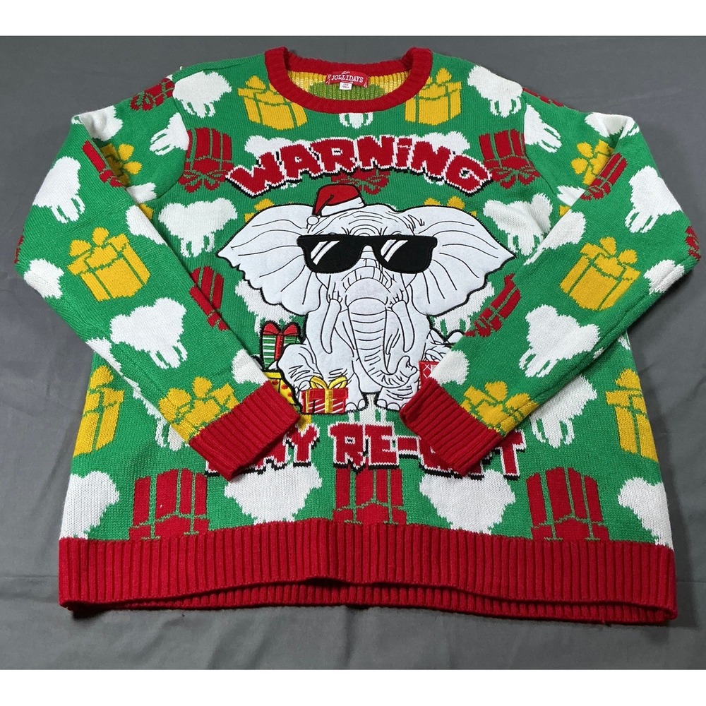 Jollidays Mens Ugly Christmas Sweater Elephant‎ Warning May Re-Gift Green 2XB